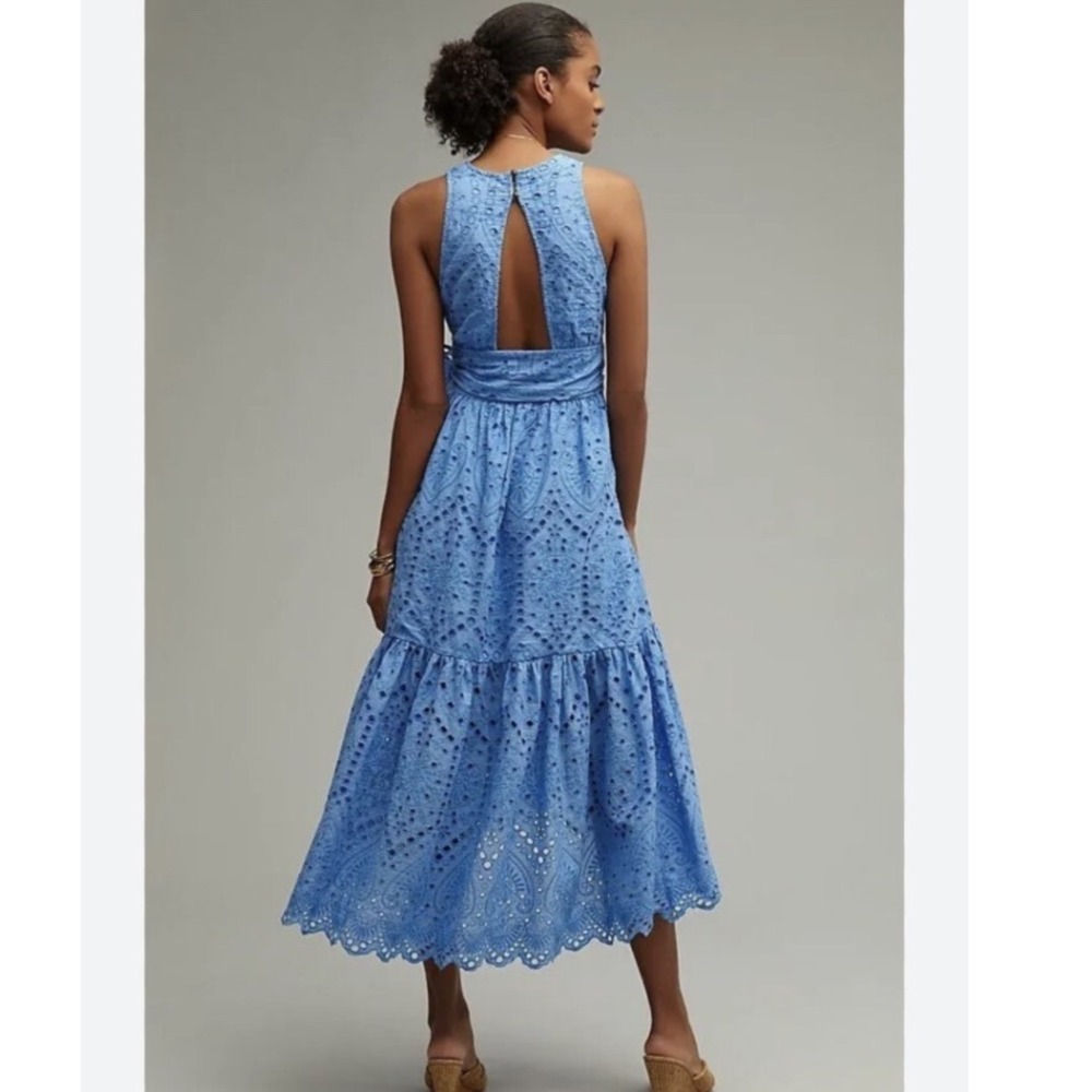 Maeve Anthropologie Blue Eyelet Midi Dress Size 12 Tie Waist Boho - Picture 5 of 15